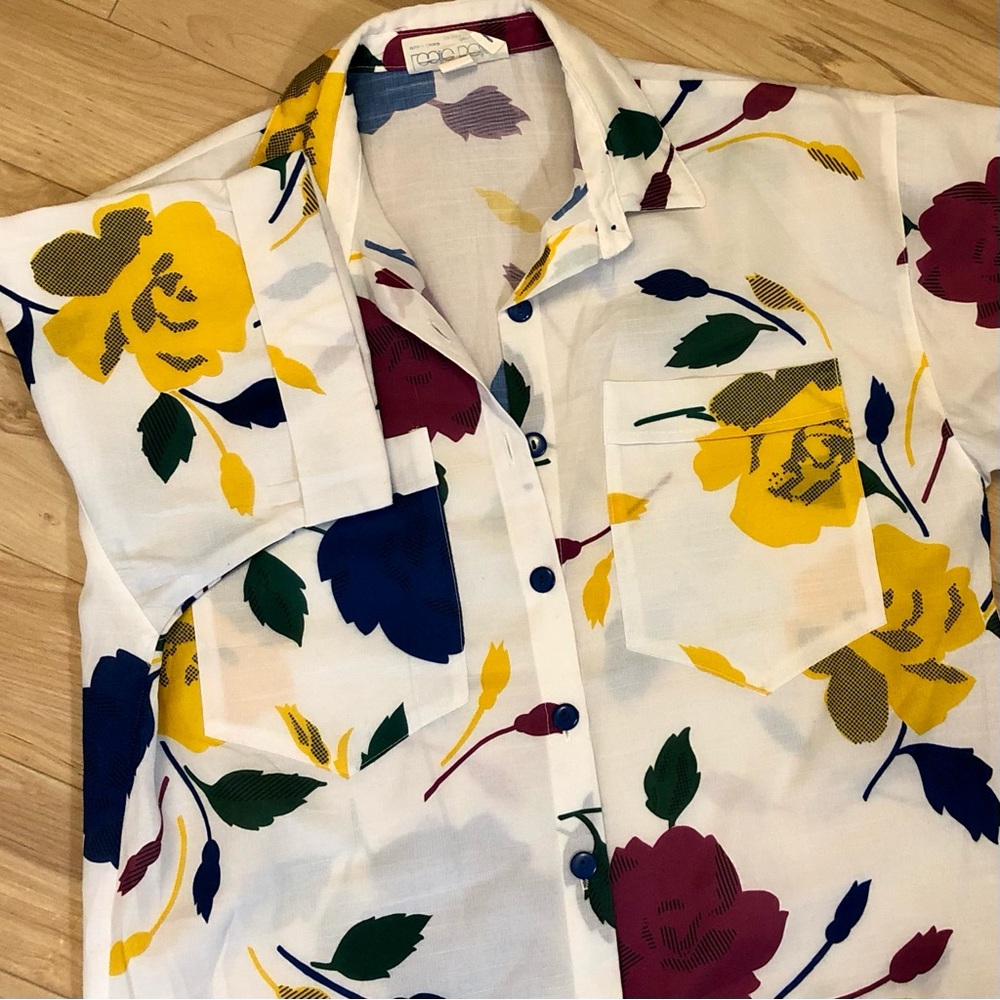 Floral Button-Down Shirt - White with Yellow, Burgundy & Navy